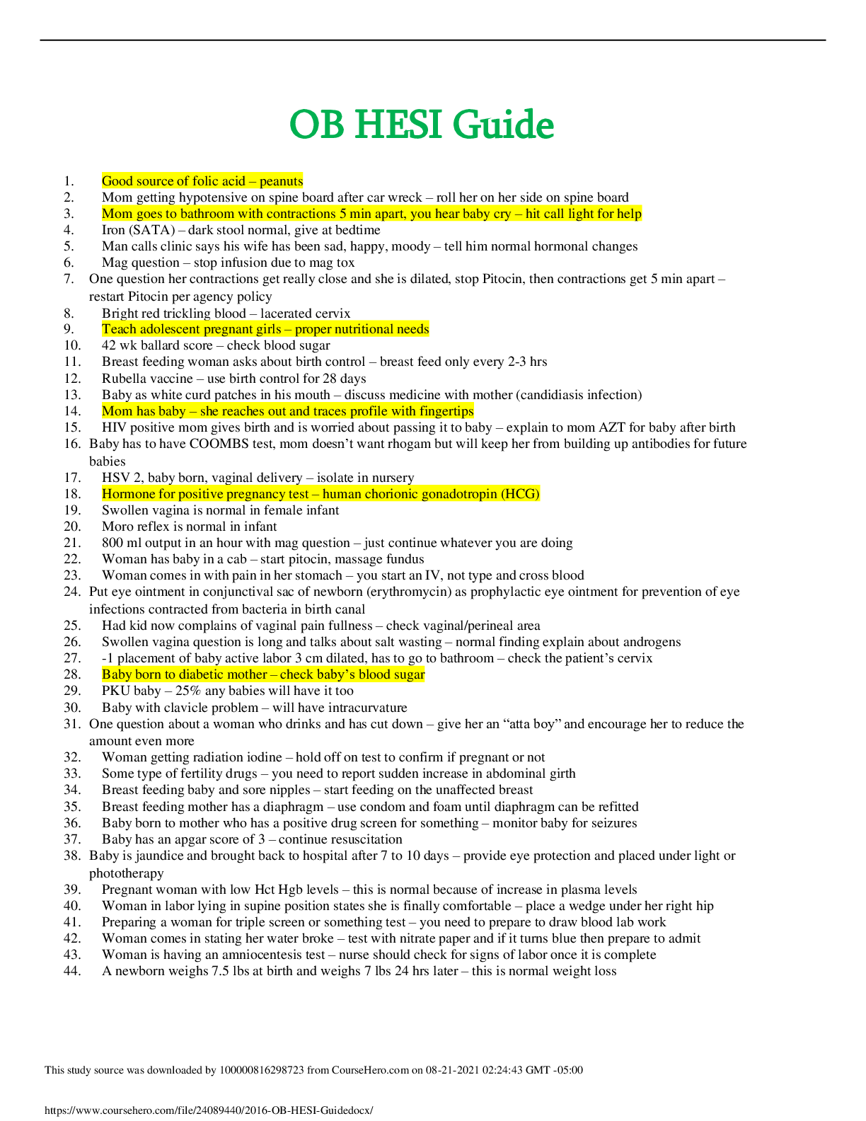 Preview image of OB HESI Guide document